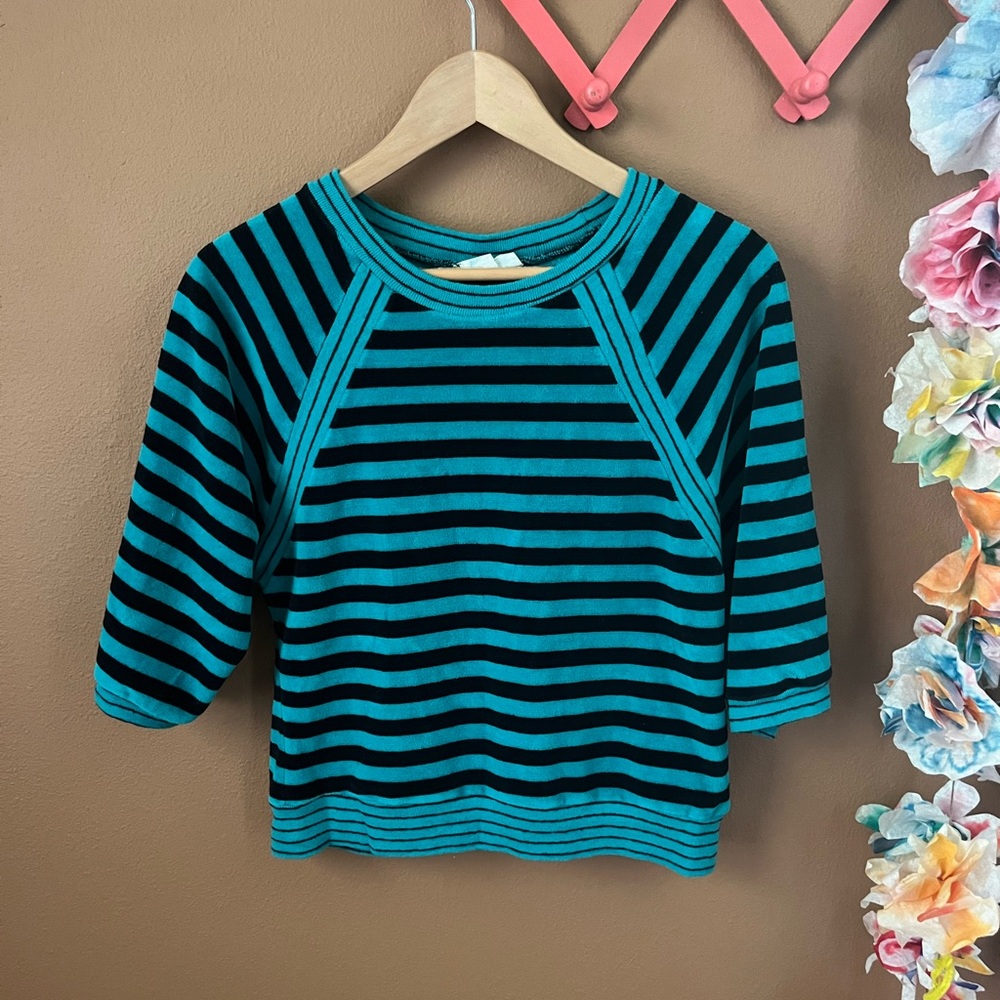 Striped Teal and Black Women's Vintage Terrycloth Top